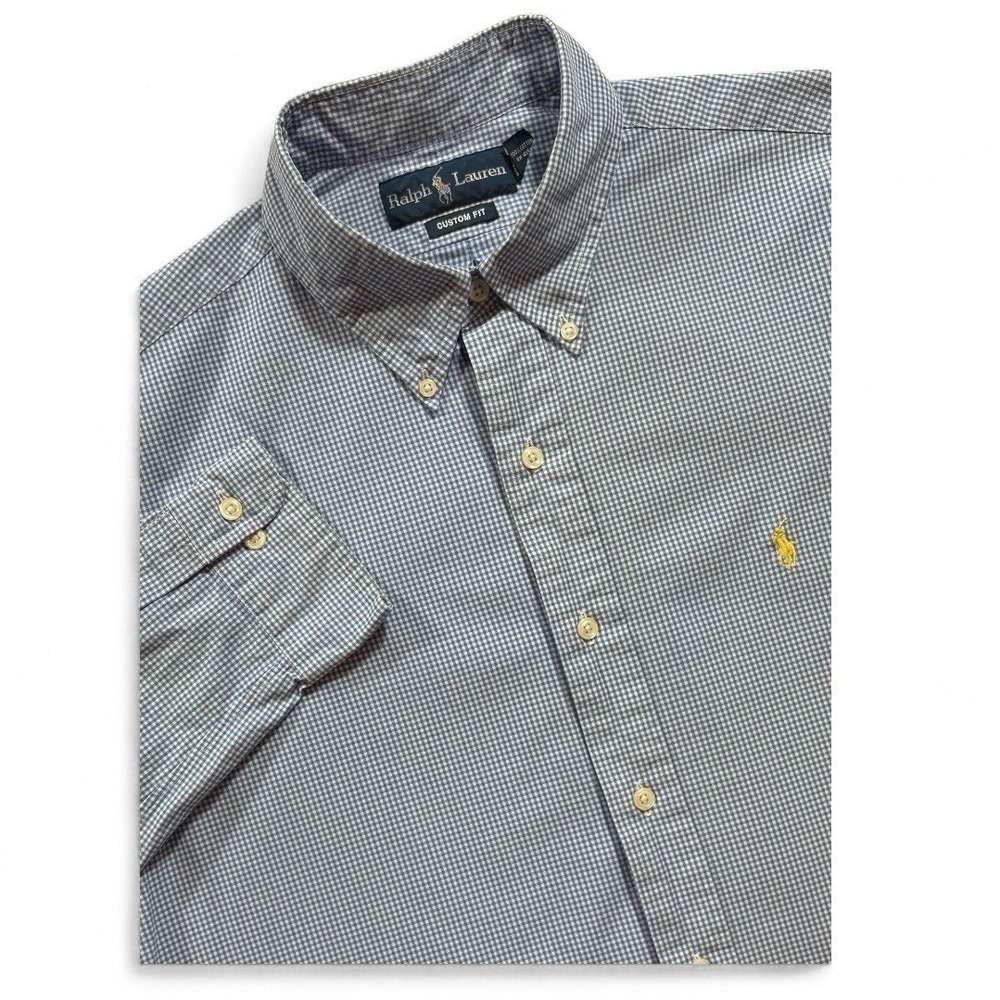 Ralph Lauren Men's Dress Shirt Custom Fit Large Gingham Check‎ Blue White - 820